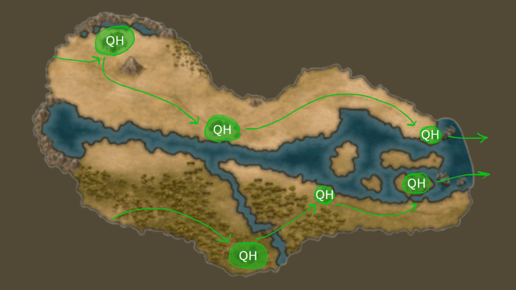 Utilize quests to connect quest hubs and encourage players exploring around the zone