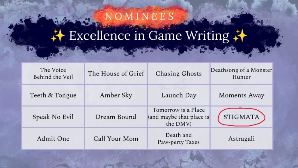 Nomination for Excellence in Game Writing