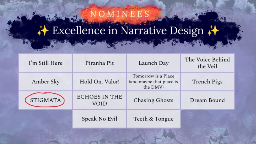 Nomination for Excellence in Narrative Design